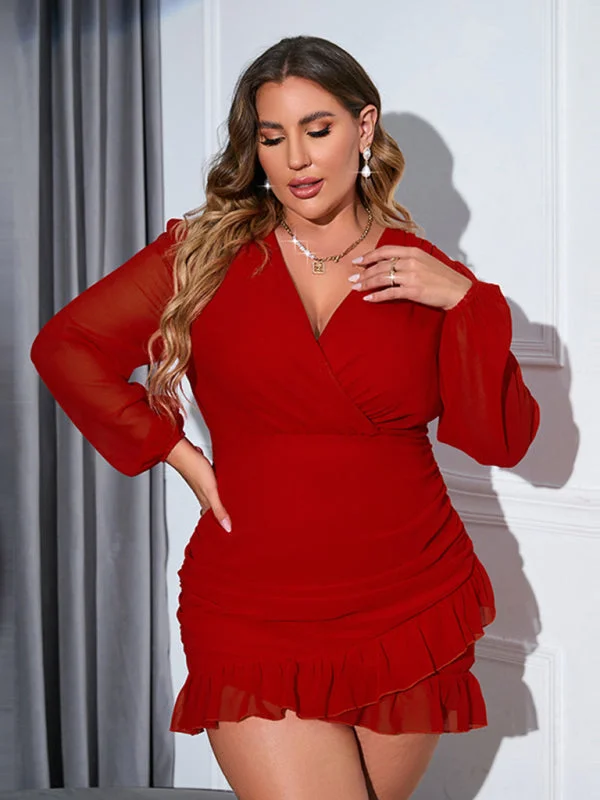 Blue Zone Planet |  Plus size V-neck long-sleeved chiffon dress