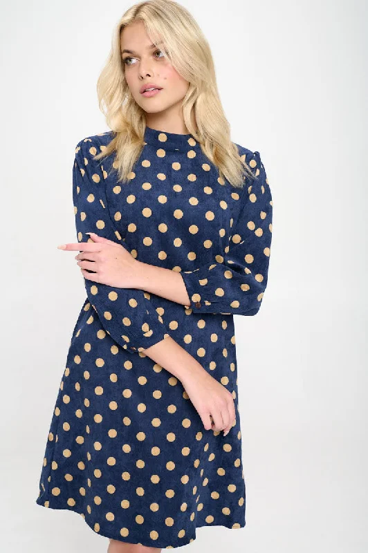 Polka Dot Print Navy Corduroy Dress