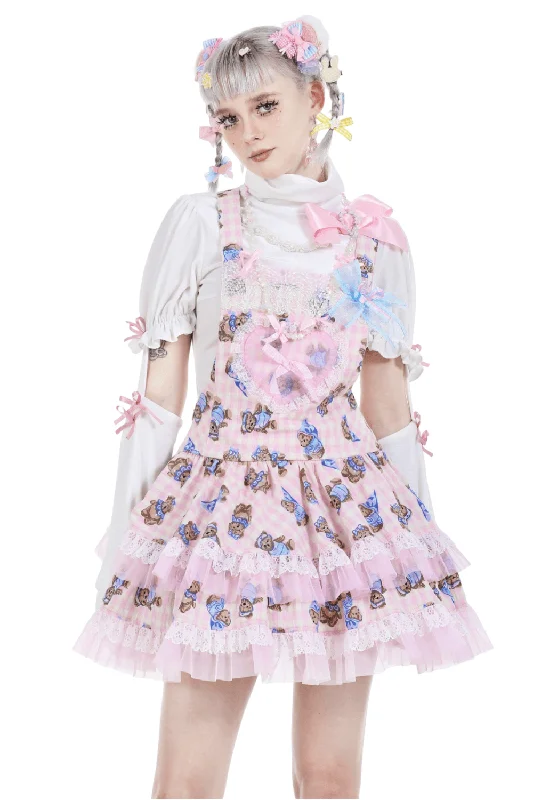 Teddy Bear Print Pink Dress with Ruched Bodice