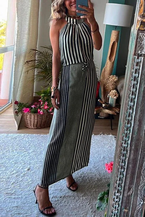 Halter Sleeveless Waisted Striped Maxi Dress Stylish Long Sleeve Maxi Dress
