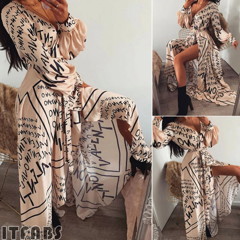 2023 Women Ladies Vintage Long Sleeve Deep-V-Neck Thigh Slit Maxi Dress Sundress Comfortable Maxi Dress with Sleeves 2023 Women Ladies Vintage Long Sleeve Deep-V-Neck Thigh Slit Maxi Dress Sundress Comfortable Maxi Dress with Sleeves