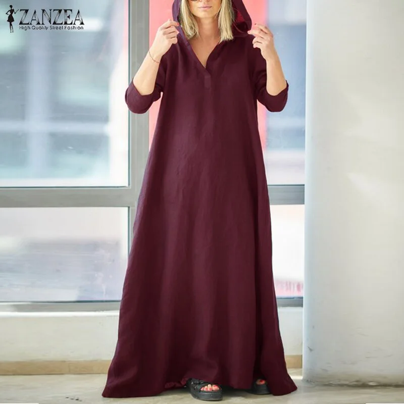 2023 ZANZEA Women Sundress  Hooded Maxi Dress Vintage Cotton Linen Dress Female Casual Vestidos Long Sleeve Robe Elegant Maxi Dress with Pockets