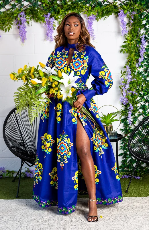 African Print High Neck Deep V Long-Sleeved Maxi Dress - FRANCA Stylish Maxi Dress with Pleats