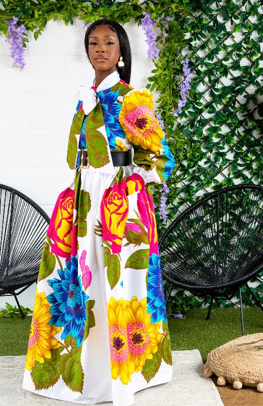 African Print White Floral Pussy-bow Maxi Dress - THALIA Cozy Wrap Maxi Dress