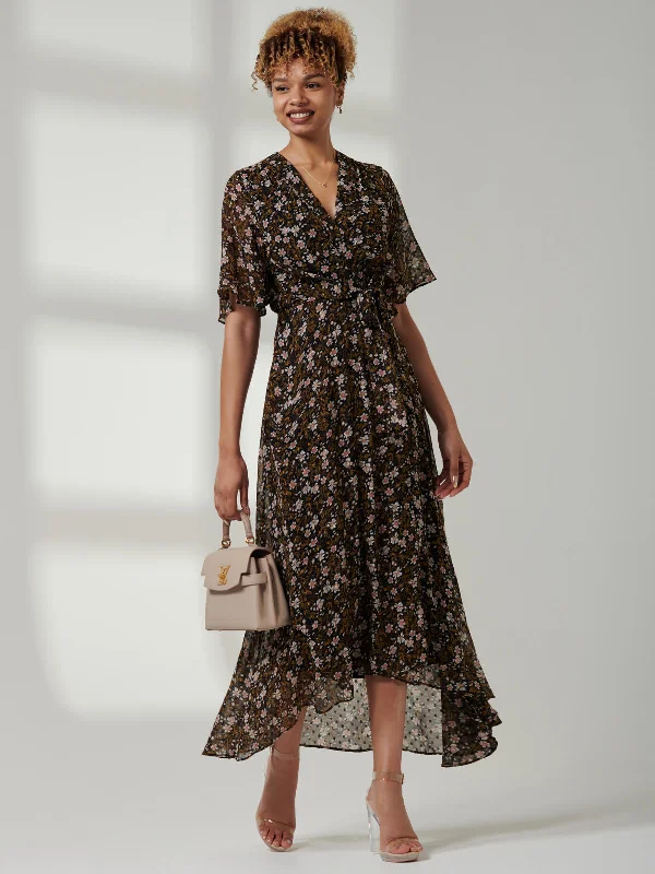 Jolie Moi Angel Sleeve Wrap Tie Front Maxi Dress, Black Floral Stylish Off-Shoulder Maxi Dress Jolie Moi Angel Sleeve Wrap Tie Front Maxi Dress, Black Floral Stylish Off-Shoulder Maxi Dress