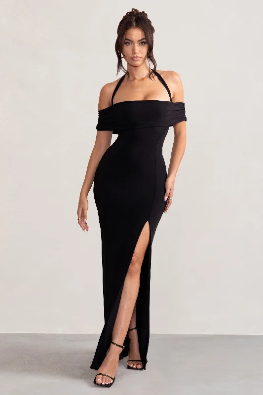 Anisa | Black Halter Neck Bardot Maxi Dress With Thigh Split Elegant Sleeveless Maxi Dress
