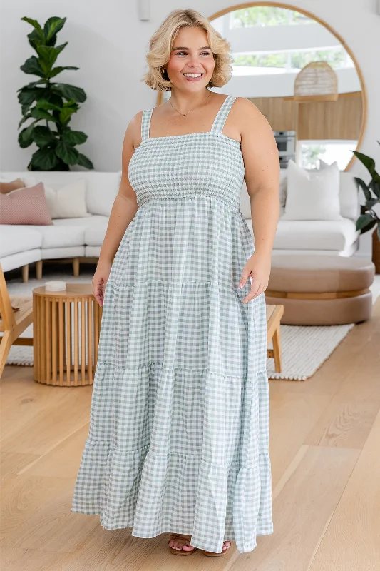 April Maxi Dress Sage Gingham Elegant Maxi Dress with Drapes