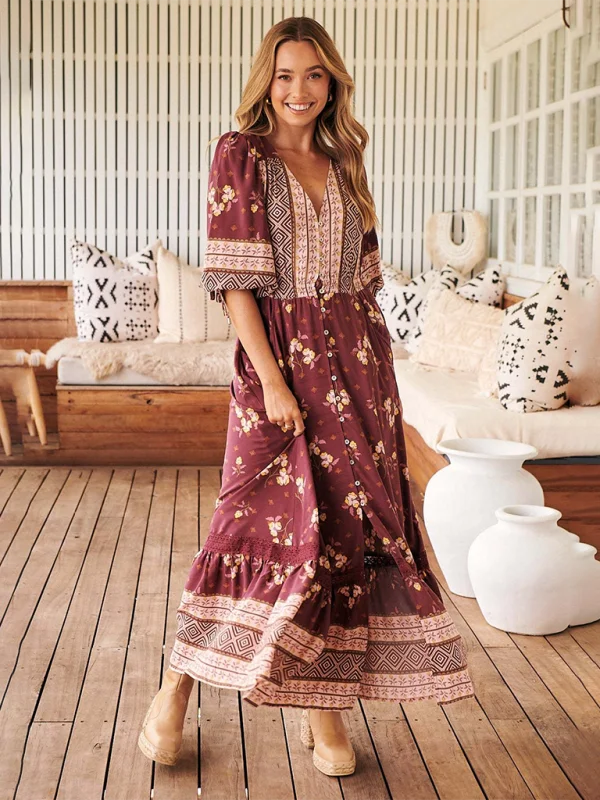 Ava's Bohemian Print V-Neck Button-Down Maxi Dress Fashionable Layered Maxi Dress