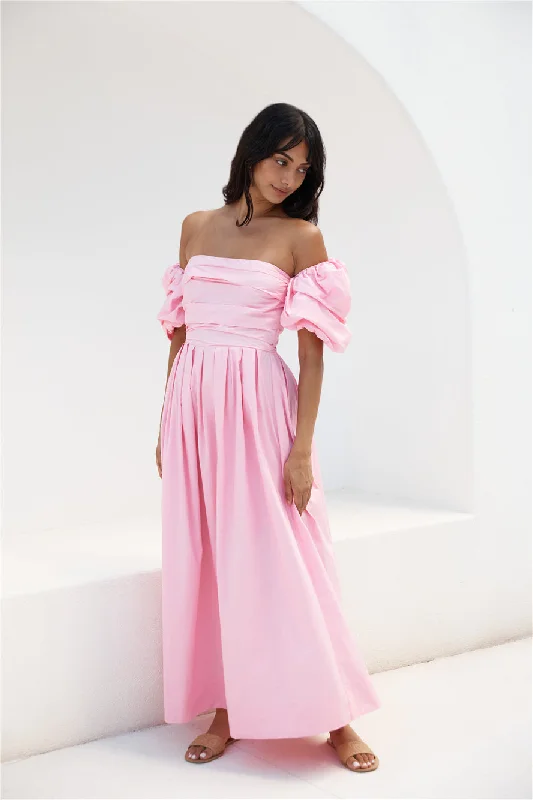 Bella Off-Shoulder Maxi Dress Pink Comfortable Fitted Maxi Dress