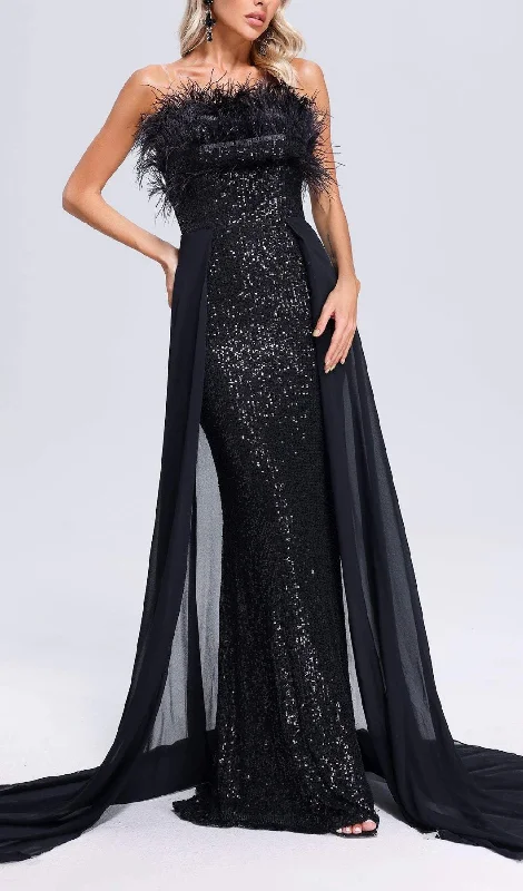 BLACK FEATHER SEQUIN MAXI DRESS Comfortable Satin Maxi Dress