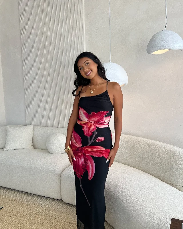 Take Me Away Black Floral Maxi Dress Trendy A-Line Maxi Dress