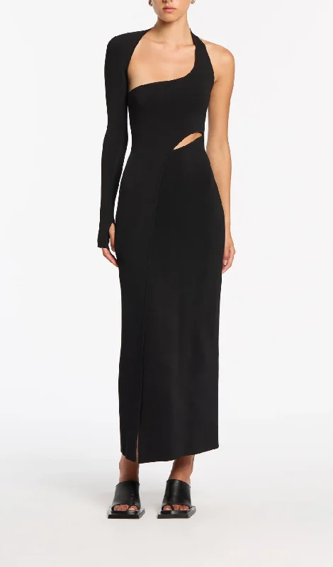 BLACK ONE-SLEEVE ELASTIC BANDAGE MIDRIFF-BARING MAXI DRESS Fashionable Halter Neck Maxi Dress