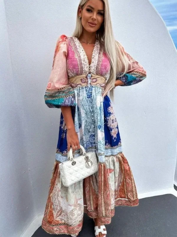 Blue Zone Planet | Lissa's Wave Tube Top Print Maxi Dress Stylish V-Neck Maxi Dress