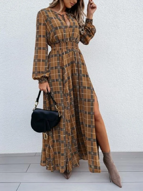 Blue Zone Planet | Ruby's Slit Plaid Tie Neck Long Sleeve Maxi Dress Fashionable Chiffon Tiered Maxi Dress Blue Zone Planet | Ruby's Slit Plaid Tie Neck Long Sleeve Maxi Dress Fashionable Chiffon Tiered Maxi Dress