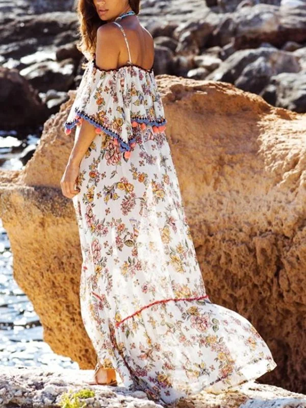 Bohemian Printed Sling With Word Collar Ruffled Sling Ball Maxi Dress Long Skirt Holiday Style Fashionable High-Low Maxi Dress