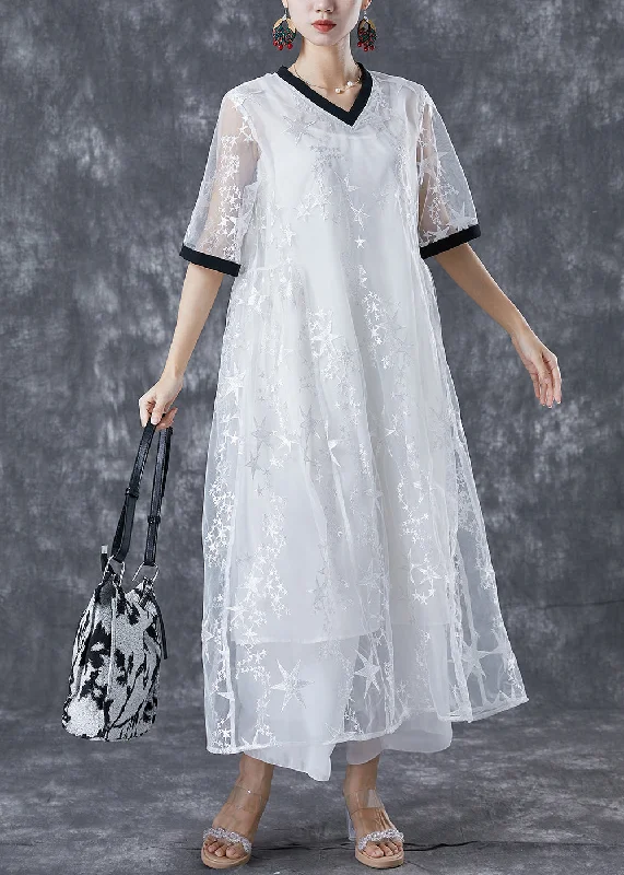 Bohemian White Hollow Out Patchwork Star Print Tulle Maxi Dress Summer Comfortable Flowy Maxi Dress Bohemian White Hollow Out Patchwork Star Print Tulle Maxi Dress Summer Comfortable Flowy Maxi Dress