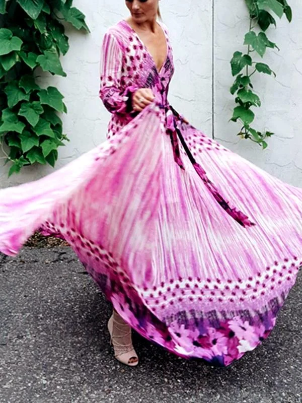 Boho Printed Long Sleeve Maxi Dress Bohemian Maxi Dress Classic V-Neck Maxi Dress