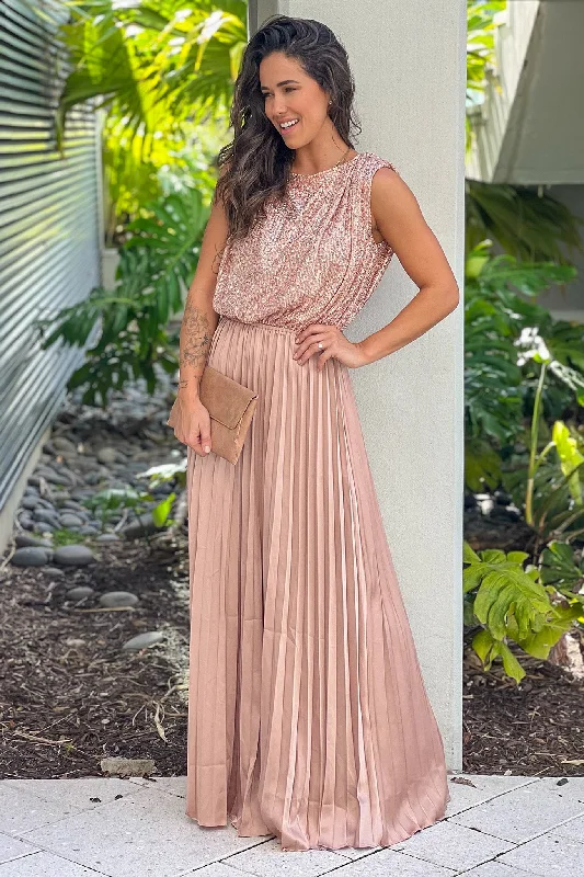 Champagne Maxi Dress With Sequined Top Chic Button-Up Maxi Dress