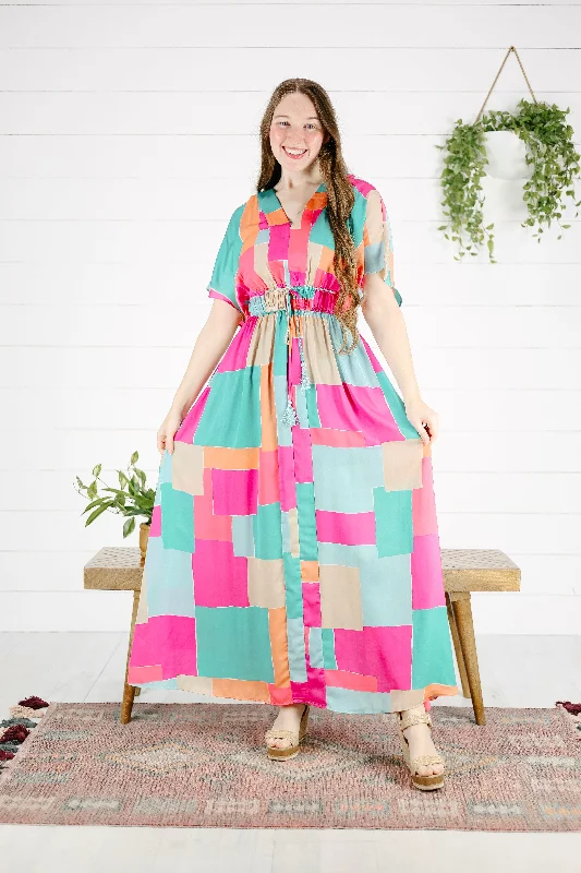 Chenelle Maxi Dress - Aqua/Pink Elegant Maxi Dress with Belt