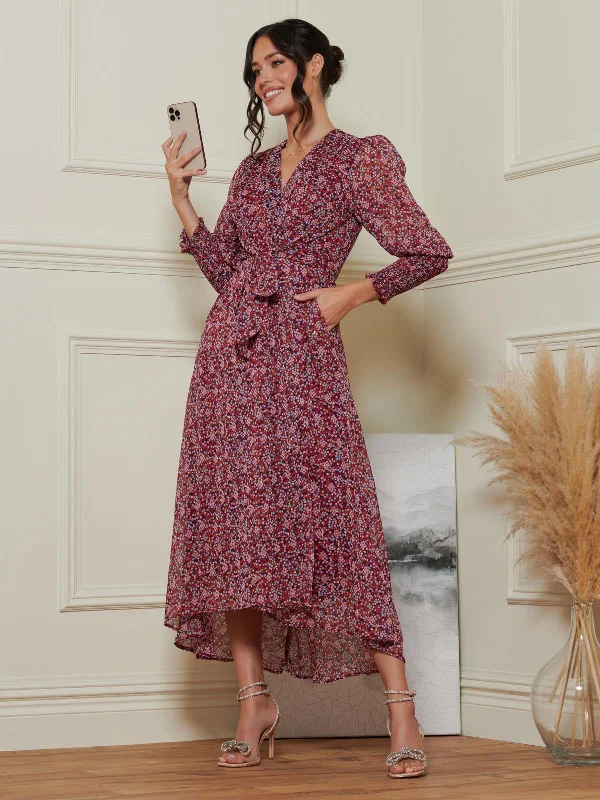 Chiffon Print Tie Waist Maxi Dress, Red Multi Chic Boho Print Maxi Dress
