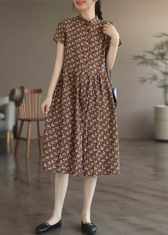 Coffee Patchwork Wrinkled Button Maxi Dresses Short Sleeve Cozy Ribbed Maxi Dress