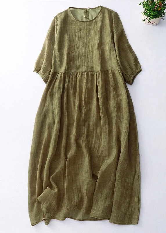 Cute Green O-Neck Patchwork Solid Linen Maxi Dress Short Sleeve Fashionable High-Waist Maxi Dress