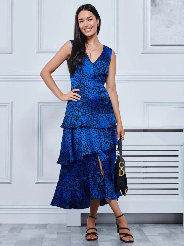 Della Crepe Frill Hem Maxi Dress, Blue Leopard Trendy Maxi Dress with Belt