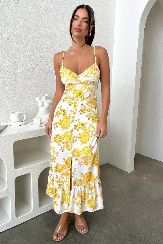 Dilara Maxi Dress - Yellow Floral Trendy Maxi Dress with Lace