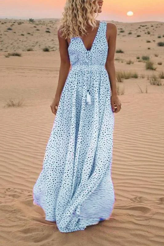 DOTTED V NECK MAXI DRESS Cozy Spaghetti Strap Maxi Dress