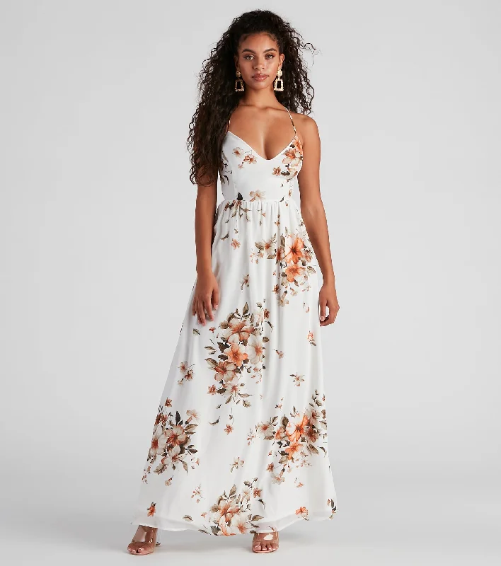 Effortless Beauty Floral Chiffon Maxi Dress Stylish Pleated A-Line Maxi Dress