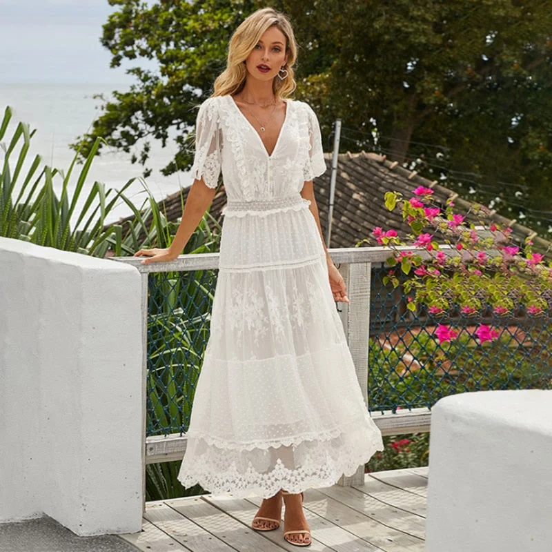 Elegant Hollow Out White Dress Women Long Lace Dress Cross Semi-Sheer Plunge V-Neck Short Sleeve Maxi Dress Princess Vestidos Cozy Maxi Dress with Slit Elegant Hollow Out White Dress Women Long Lace Dress Cross Semi-Sheer Plunge V-Neck Short Sleeve Maxi Dress Princess Vestidos Cozy Maxi Dress with Slit