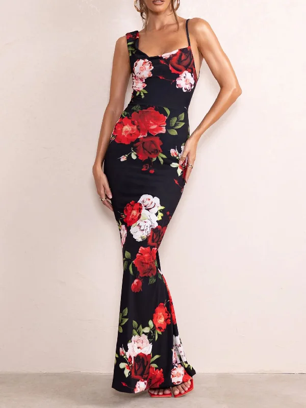 Elegant Sleeveless Round Neck Printed Mermaid Maxi Dress Trendy Maxi Dress with Bow
