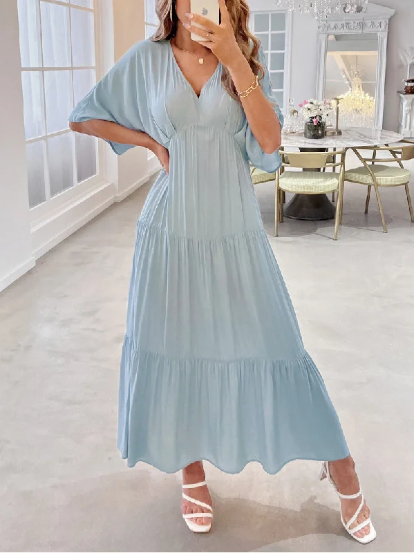 Elegant V-Neck Short Sleeve Solid Flared Maxi Dress Trendy Floral Print Maxi Dress