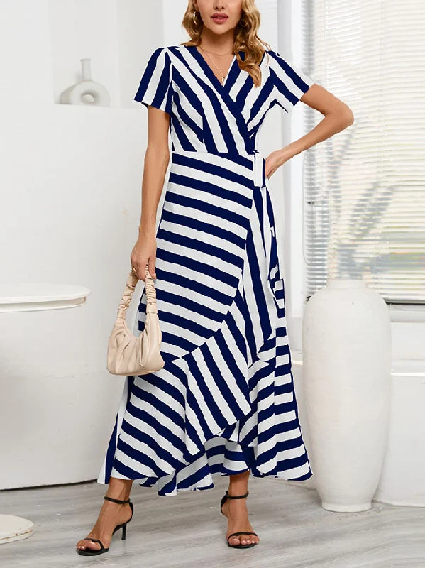 Fashion V-Neck Short Sleeve Striped Loose Maxi Dress Chic Sleeveless Maxi Dress