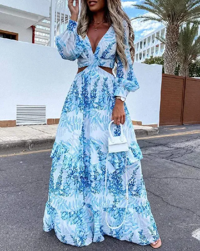 FLORAL PRINT CUTOUT WAIST LANTERN SLEEVE MAXI DRESS Trendy V-Neck Maxi Dress