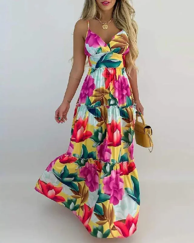 FLORAL PRINT FRILL HEM MAXI DRESS Elegant Maxi Dress with Slit