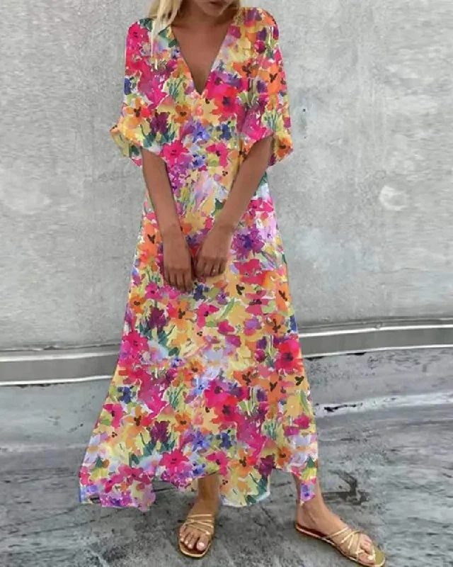 FLORAL PRINT HALF SLEEVE V NECK MAXI DRESS Classic Black Maxi Dress