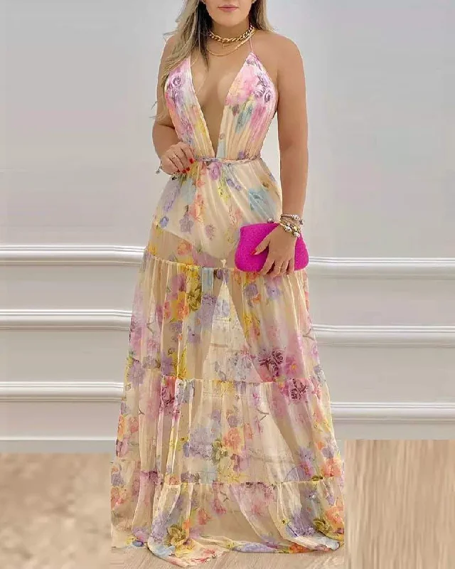 FLORAL PRINT HALTER BACKLESS CHIFFON MAXI DRESS Trendy A-Line Maxi Dress