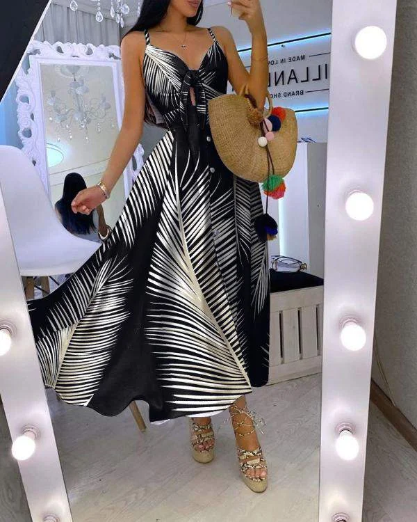 FLORAL PRINT KNOTTED FRONT BUTTON DESIGN MAXI DRESS Fashionable High-Low Maxi Dress