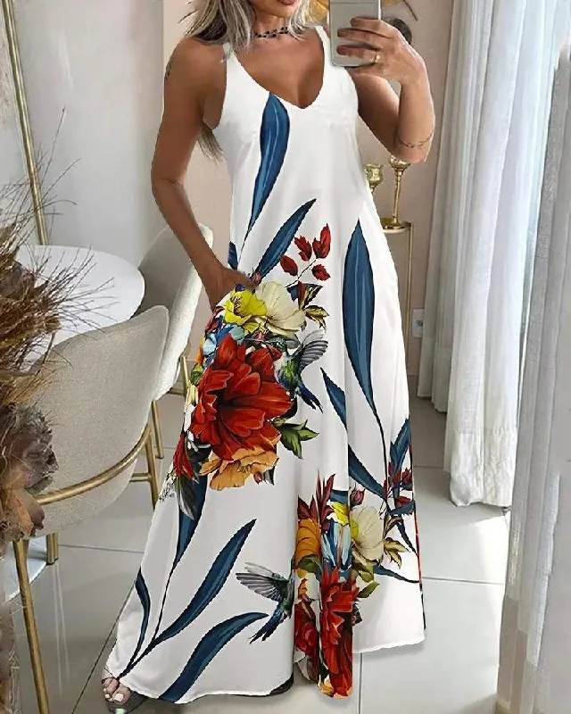 FLORAL PRINT POCKET DESIGN MAXI DRESS Trendy Off-Shoulder Ruffle Maxi Dress