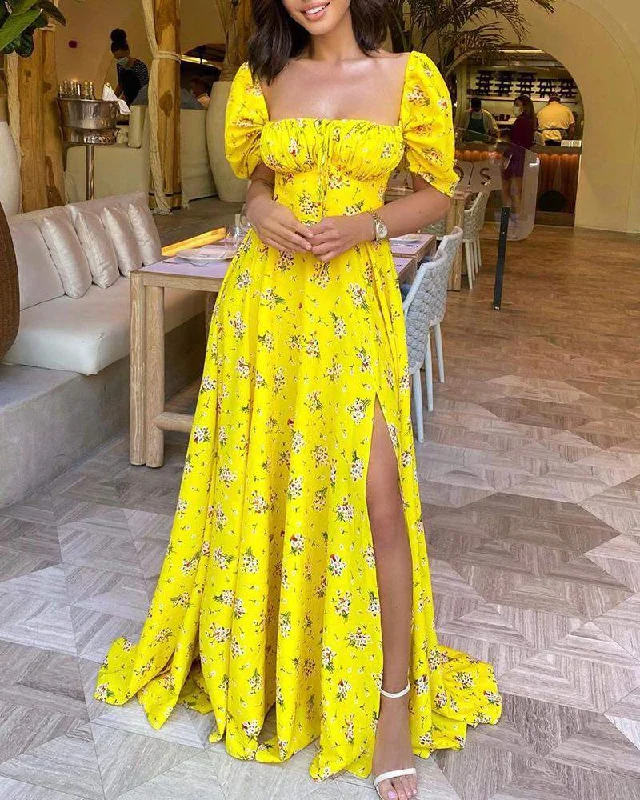 FLORAL PRINT RUCHED HIGH SLIT MAXI DRESS Classic V-Neck Maxi Dress