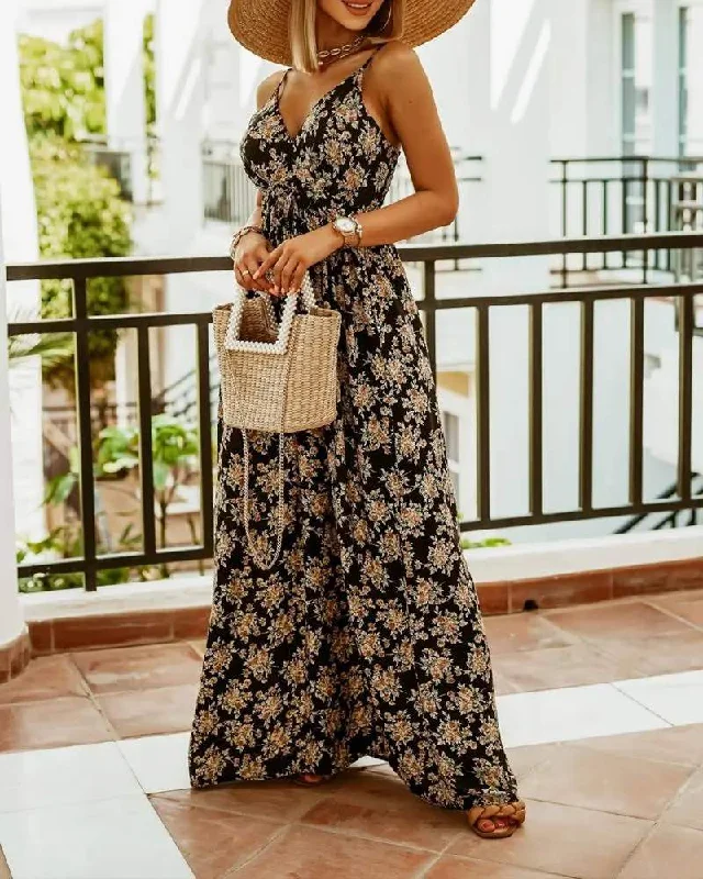 FLORAL PRINT SHIRRED SPAGHETTI STRAP MAXI DRESS Cozy Cold-Shoulder Maxi Dress