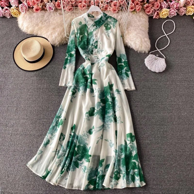 Gentle Style Shirt Collar Dress Women Fall Retro Ink Painting Print Temperament Slim Long Maxi Dress Full Sleeve Femme Robe M035 Comfortable Satin Maxi Dress