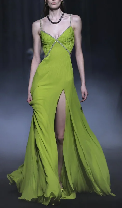 GREEN PLEATED SLIT MAXI DRESS Cozy Open-Back Maxi Dress