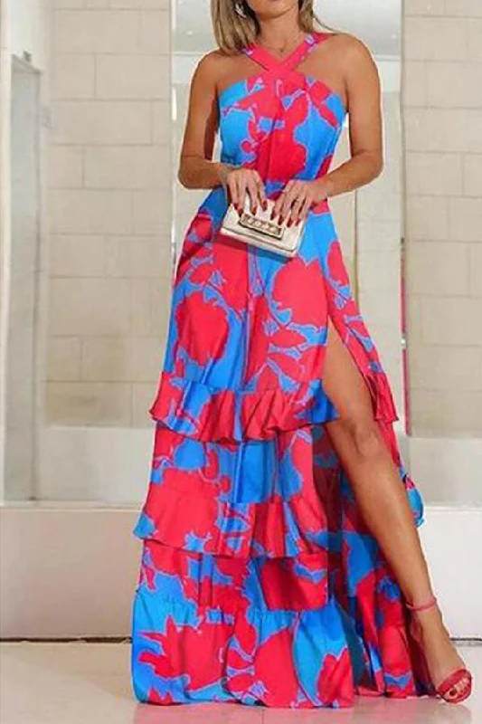 Halter-Neck High Slit Colorblock Print Maxi Dress Elegant Lace Maxi Dress