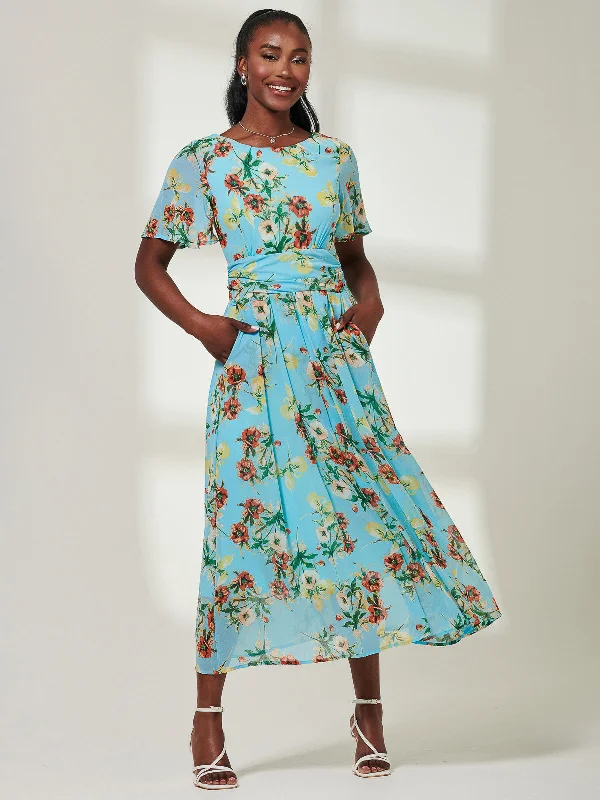 Haylee Print Chiffon Maxi Dress, Blue Floral Stylish Off-Shoulder Maxi Dress