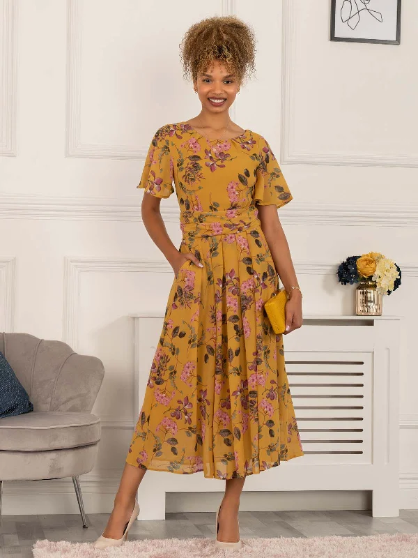 Haylee Print Chiffon Maxi Dress, Yellow Floral Chic Summer Floral Maxi Dress