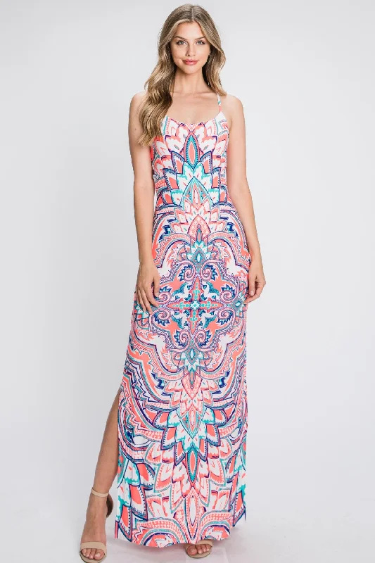 Criss Cross Strappy Back With Abstract Design Maxi Dress Trendy Satin Maxi Dress