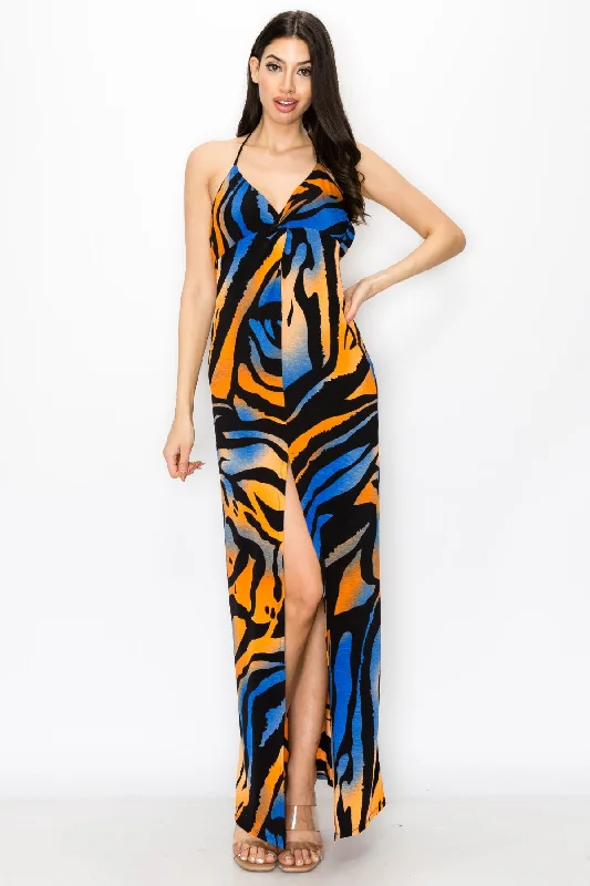 Chic Zebra Print With Open Back Criss Cross Strap Maxi Dress Cozy Maxi Dress with Slit Chic Zebra Print With Open Back Criss Cross Strap Maxi Dress Cozy Maxi Dress with Slit