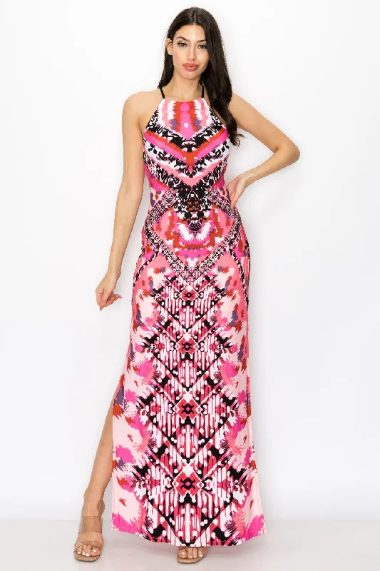 Tribal Print Dress With Multi Criss Cross Back Strap Maxi Dress Trendy Satin Maxi Dress Tribal Print Dress With Multi Criss Cross Back Strap Maxi Dress Trendy Satin Maxi Dress